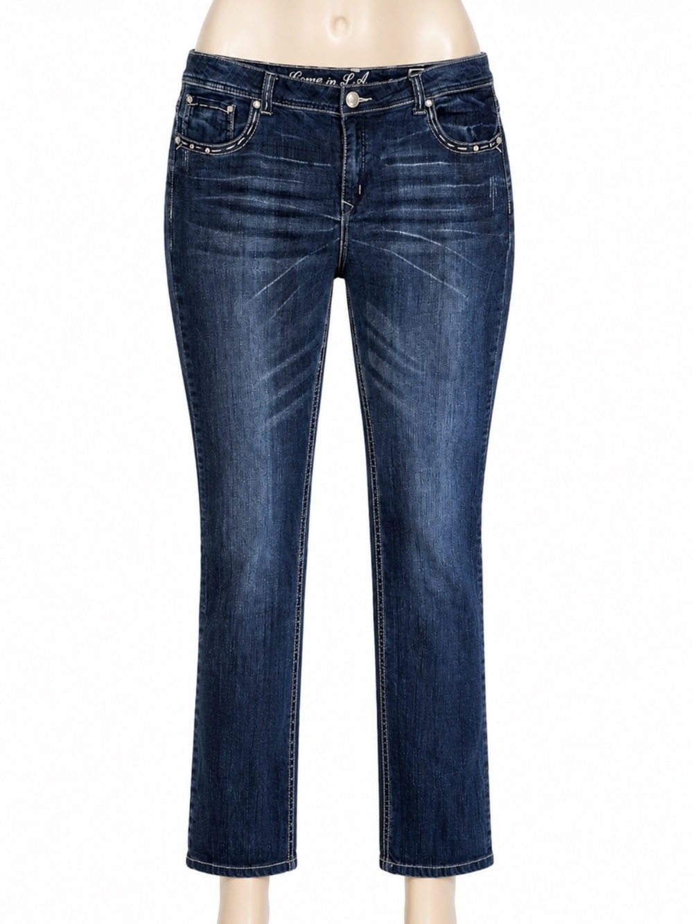 Grace in LA Size 21 Rhinestone Embellished Dark Wash Cropped Jeans Waist 40”